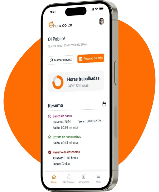 Tela do aplicativo Hora do Lar exibindo controle de ponto para empregada doméstica, com detalhes como horas trabalhadas, banco de horas e descontos.