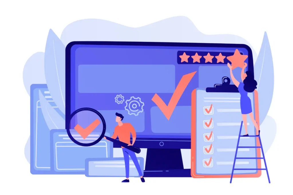 Ilustração de pessoas organizando o processo de regularização do eSocial doméstico, com computador, checklist e gráficos de progresso.